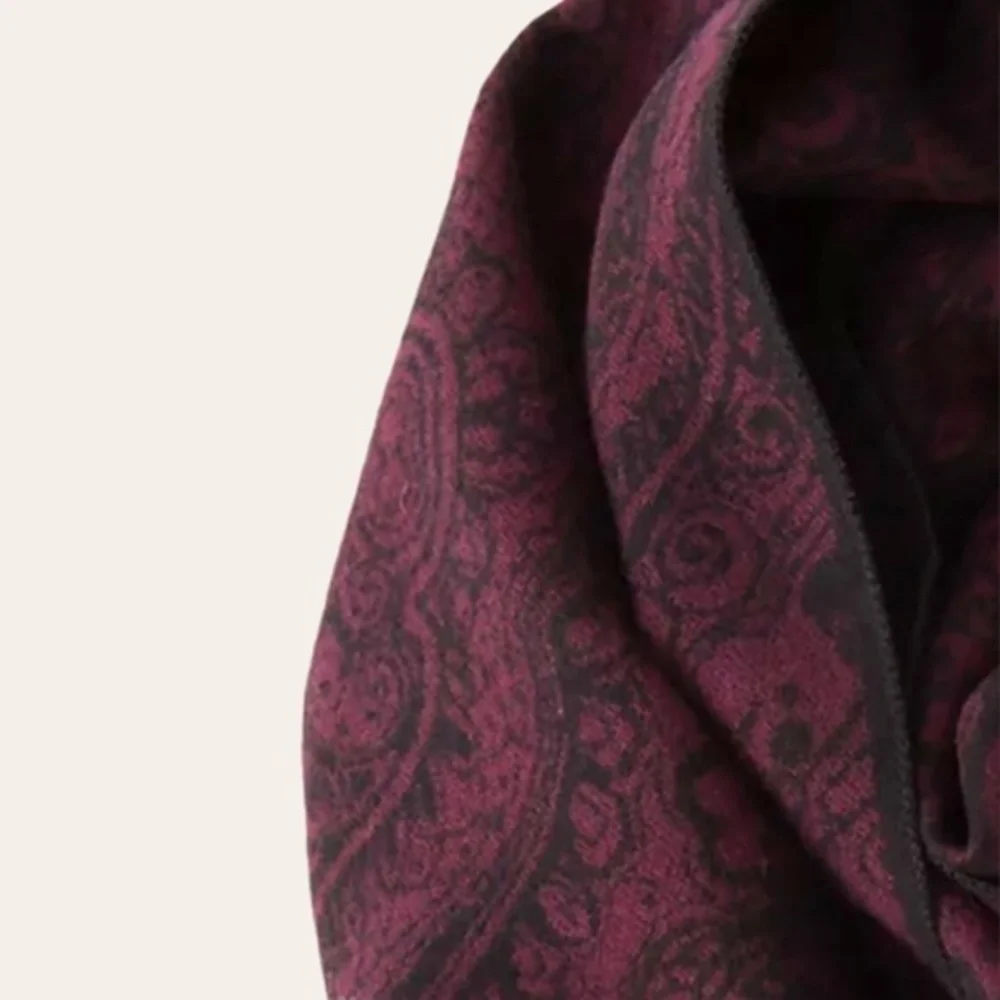 STAGG 70”L Damask Print Burgundy & Brown Viscose Raw Hems Scarf/Wrap NWT